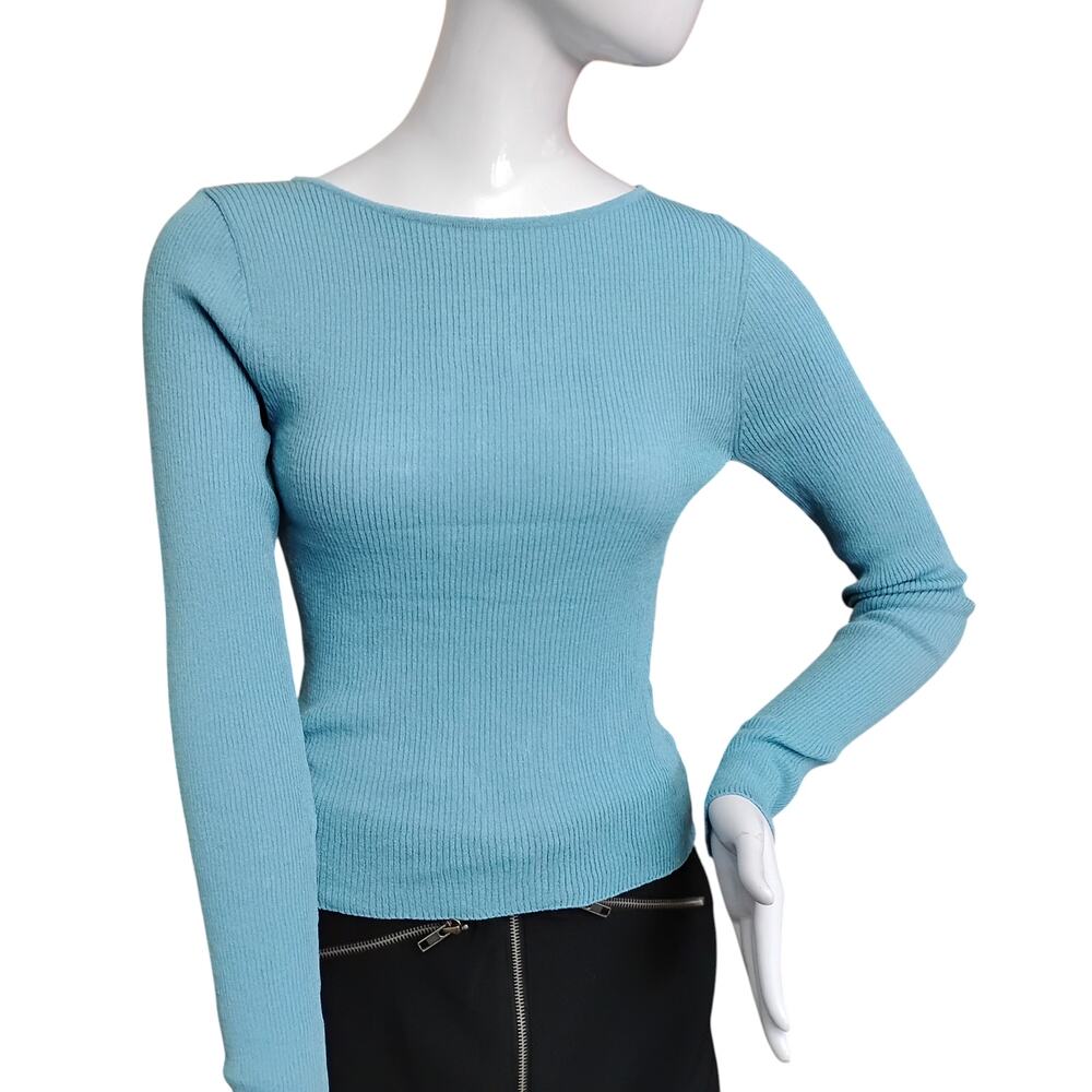 Mohhe Fine Knit Ribbed Top Size Small Light Blue Long Sleeve Round neckline